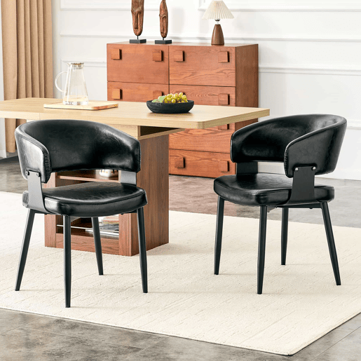 Cadeiras de jantar (2 unidades) - Estilo Mid Century Modern, cadeiras retro com braços curvos, encosto estampado e estofo em couro sintético - Preto
