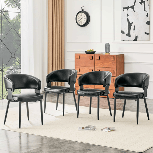 Cadeiras de jantar (2 unidades) - Estilo Mid Century Modern, cadeiras retro com braços curvos, encosto estampado e estofo em couro sintético - Preto