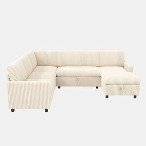 Sofá-cama de canto em U 220×274×85 cm - 5 lugares, extensível, com chaise longue e arrumação, veludo canelado - Bege