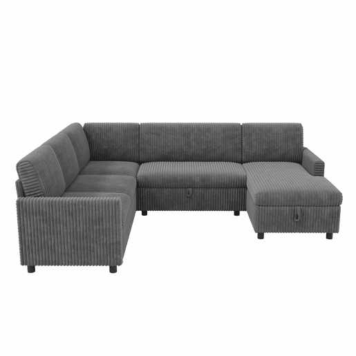 Sofá-cama de canto em forma de U, 220×274×85 cm u2014 extensível com função de cama, chaise longue com espaço de arrumação, estofo em veludo cotelê grosso, 5 lugares u2014 cinzento Sofá-cama de canto em forma de U, 220×274×85 cm u2014 extensível com função de cama, chaise longue com espaço de arrumação, estofo em veludo cotelê grosso, 5 lugares u2014 cinzento