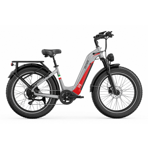 OVIVO V6 PRO E-bike - Motor 250W Bateria 48V20AH 26Polegadas Travões Hidráulicos - PrataVermelho