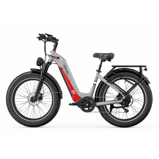 OVIVO V6 PRO E-bike - Motor 250W Bateria 48V20AH 26Polegadas Travões Hidráulicos - PrataVermelho