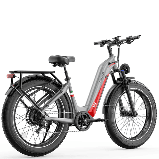 OVIVO V6 PRO E-bike - Motor 250W Bateria 48V20AH 26Polegadas Travões Hidráulicos - PrataVermelho