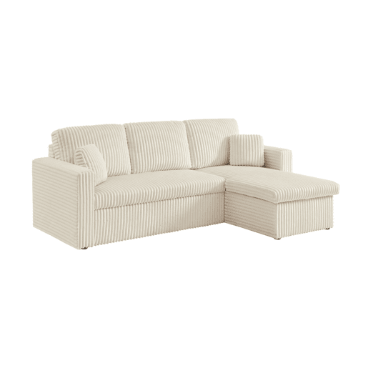 Sofá-cama de canto convertível com textura canelada, 3 lugares e baú, Ida pele canelada, Creme, 220x146x83 cm
