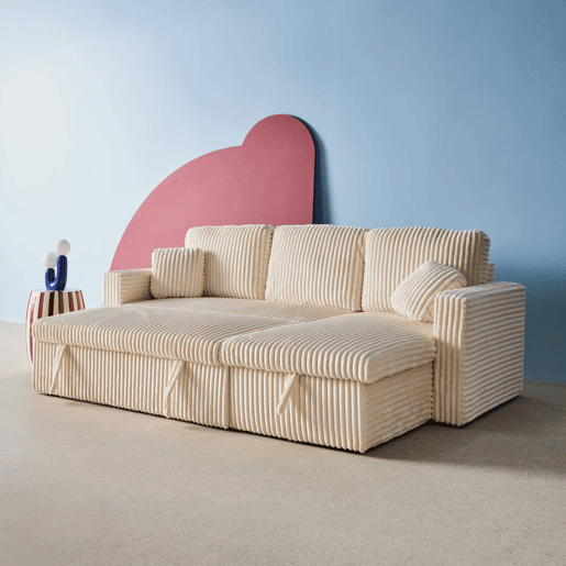 Sofá-cama de canto convertível com textura canelada, 3 lugares e baú, Ida pele canelada, Creme, 220x146x83 cm