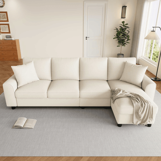 Sofá de canto L 280x136x82 cm - Modular em chenille com chaise longue, arrumação e encosto reclinável com porta-copos - Bege