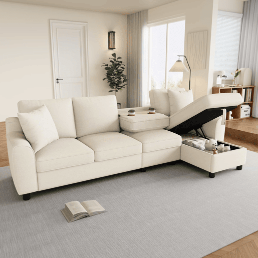 Sofá de canto L 280x136x82 cm - Modular em chenille com chaise longue, arrumação e encosto reclinável com porta-copos - Bege