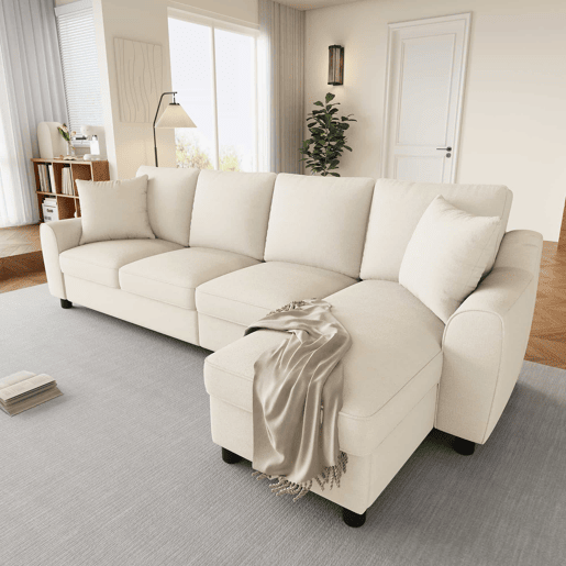 Sofá de canto L 280x136x82 cm - Modular em chenille com chaise longue, arrumação e encosto reclinável com porta-copos - Bege