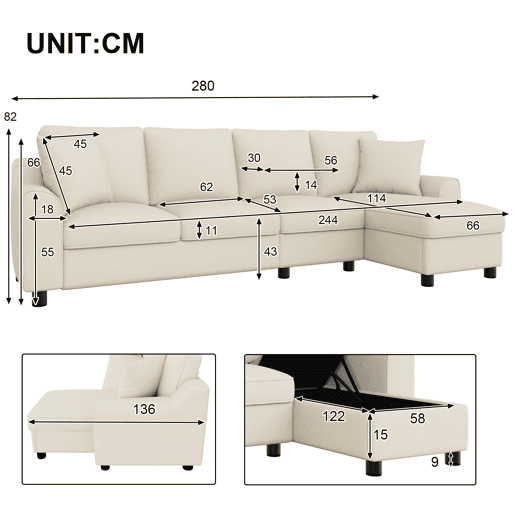 Sofá de canto L 280x136x82 cm - Modular em chenille com chaise longue, arrumação e encosto reclinável com porta-copos - Bege