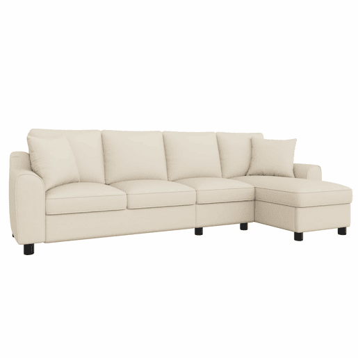 Sofá de canto L 280x136x82 cm - Modular em chenille com chaise longue, arrumação e encosto reclinável com porta-copos - Bege