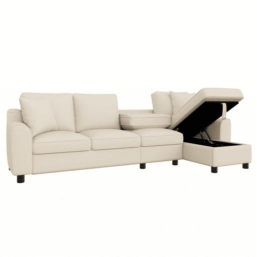 Sofá de canto L 280x136x82 cm - Modular em chenille com chaise longue, arrumação e encosto reclinável com porta-copos - Bege