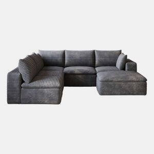 Sofá modular 260 x 250 cm - 6 lugares, design de dupla camada, estofo em veludo cotelê, almofadas removíveis sem montagem - cinzento escuro