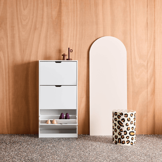 Sapateira com efeito madeira com 3 gavetas, Shooz, Branco, 60x23.5x119.5 cm