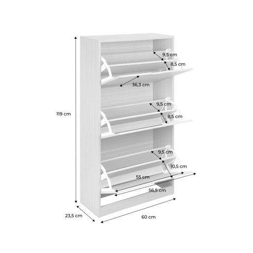 Sapateira com efeito madeira com 3 gavetas, Shooz, Branco, 60x23.5x119.5 cm