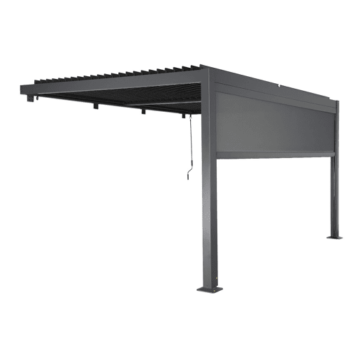 Pérgola bioclimática de alumínio encostada 4x3m + 1 toldo 4m, Palace 4x3m encostada + acessório, Antracite, 388x292x224 cm Pérgola bioclimática de alumínio encostada 4x3m + 1 toldo 4m, Palace 4x3m encostada + acessório, Antracite, 388x292x224 cm