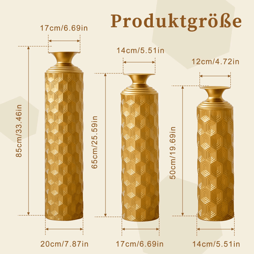 Vasos de chão metálicos 506585 cm - conjunto de 3 peças com padrão em forma de favo de mel, estilo moderno e decorativo para a sala de estar e a entrada - dourado