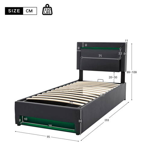Cama de solteiro de pu 90x190 cm com armazenamento e luz led,preto