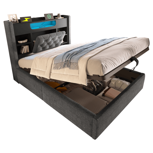 Cama de solteiro de linho 90x200 cm com armazenamento e luz led,cinza