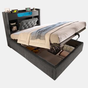 Cama de solteiro de linho 90x200 cm com armazenamento e luz led,cinza