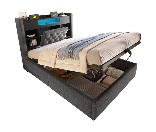 Cama individual de lino 90x200 cm con almacenaje y luz led,gris