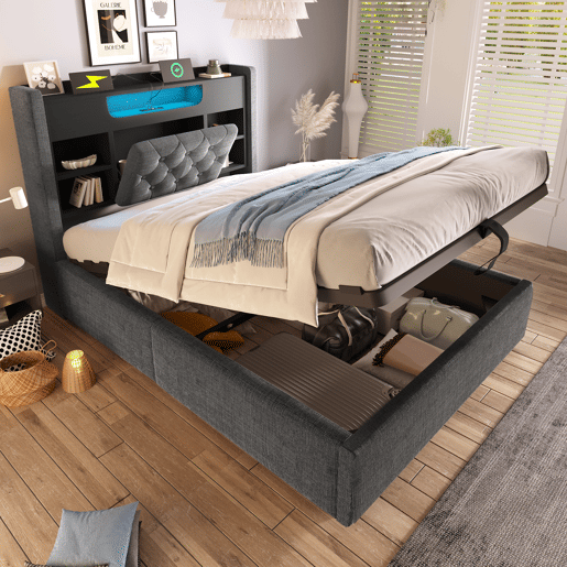 Cama de solteiro de linho 90x200 cm com armazenamento e luz led,cinza