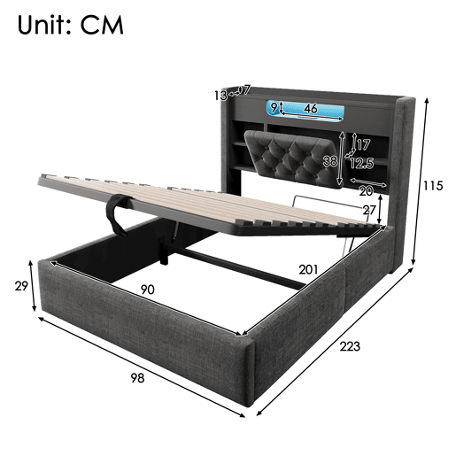 Cama de solteiro de linho 90x200 cm com armazenamento e luz led,cinza