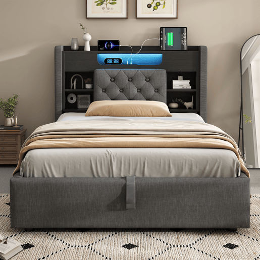 Cama de solteiro de linho 90x200 cm com armazenamento e luz led,cinza