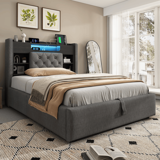 Cama de solteiro de linho 90x200 cm com armazenamento e luz led,cinza