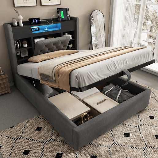 Cama de solteiro de linho 90x200 cm com armazenamento e luz led,cinza