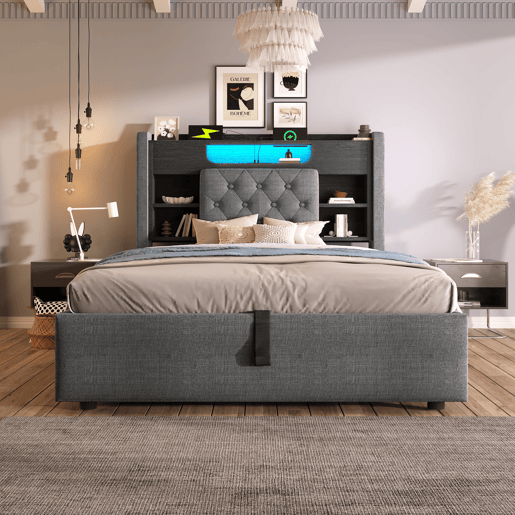 Cama de solteiro de linho 90x200 cm com armazenamento e luz led,cinza