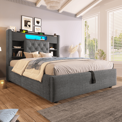 Cama de solteiro de linho 90x200 cm com armazenamento e luz led,cinza