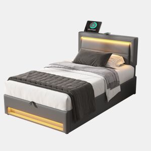 Cama de solteiro de pu 90x190 cm com armazenamento e luz led,cinza