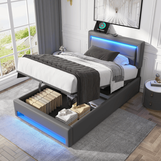 Cama de solteiro de pu 90x190 cm com armazenamento e luz led,cinza Cama de solteiro de pu 90x190 cm com armazenamento e luz led,cinza
