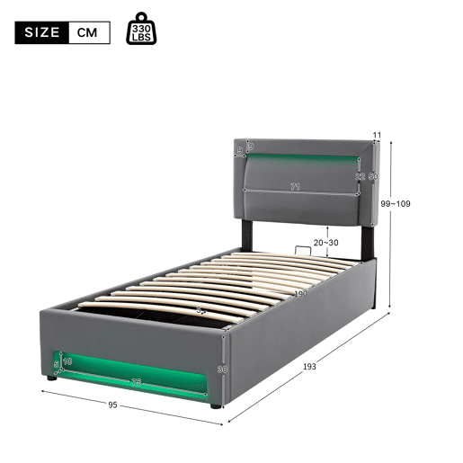 Cama de solteiro de pu 90x190 cm com armazenamento e luz led,cinza Cama de solteiro de pu 90x190 cm com armazenamento e luz led,cinza