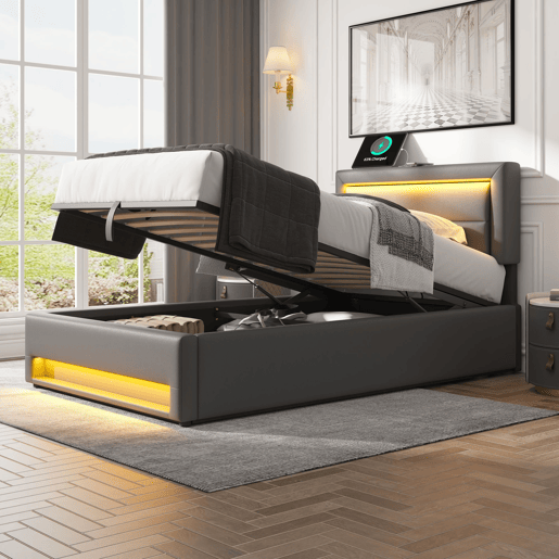Cama de solteiro de pu 90x190 cm com armazenamento e luz led,cinza Cama de solteiro de pu 90x190 cm com armazenamento e luz led,cinza