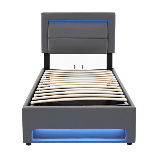 Cama de solteiro de pu 90x190 cm com armazenamento e luz led,cinza Cama de solteiro de pu 90x190 cm com armazenamento e luz led,cinza