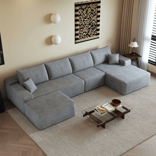 Sofá modular de canto de 340 cm - chaise longue em L, assento profundo, sem montagem, 4 lugares - Cinzento Sofá modular de canto de 340 cm - chaise longue em L, assento profundo, sem montagem, 4 lugares - Cinzento