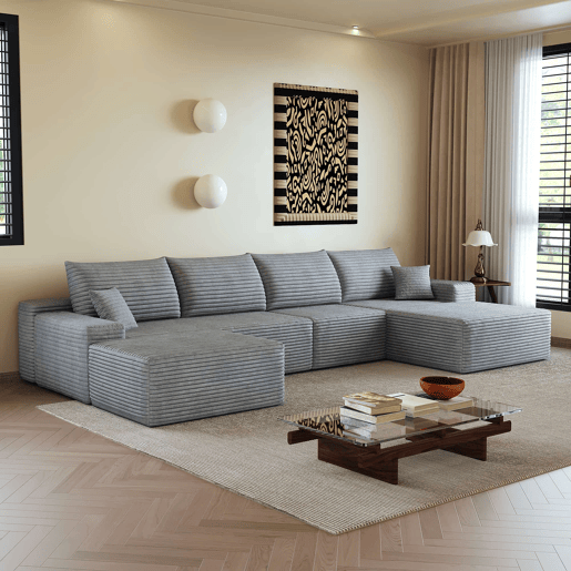 Sofá modular de canto de 340 cm - chaise longue em L, assento profundo, sem montagem, 4 lugares - Cinzento Sofá modular de canto de 340 cm - chaise longue em L, assento profundo, sem montagem, 4 lugares - Cinzento