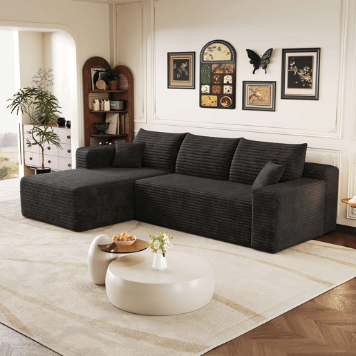Sofá de canto de 241 cm - L moderno, 3 lugares, assento profundo, sem montagem - Preto