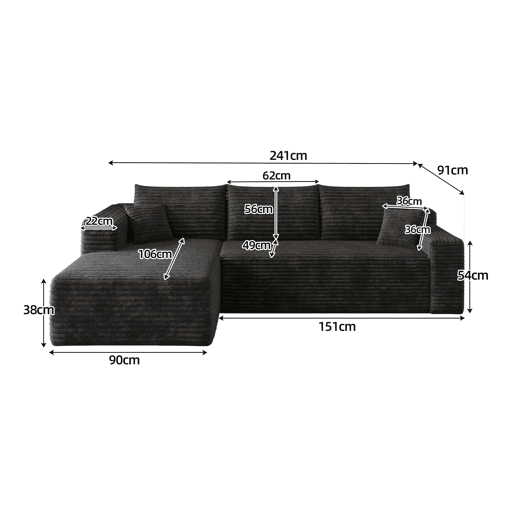 Sofá de canto de 241 cm - L moderno, 3 lugares, assento profundo, sem montagem - Preto