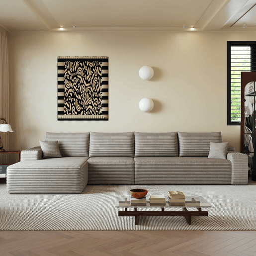 Sofá modular de canto de 340 cm - chaise longue em L, assento profundo, sem montagem, 4 lugares - Camel