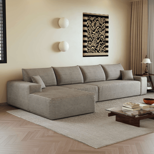Sofá modular de canto de 340 cm - chaise longue em L, assento profundo, sem montagem, 4 lugares - Camel