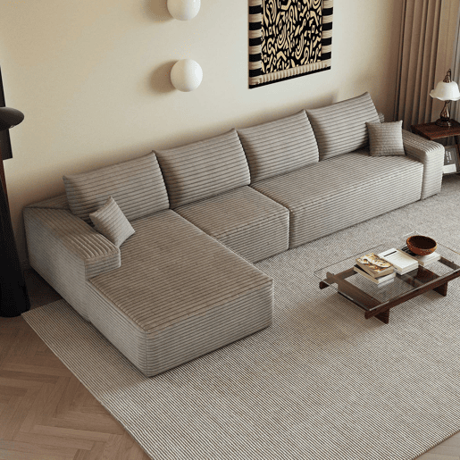 Sofá modular de canto de 340 cm - chaise longue em L, assento profundo, sem montagem, 4 lugares - Camel