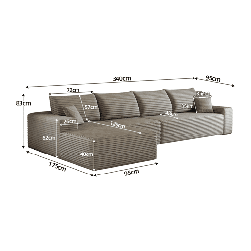 Sofá modular de canto de 340 cm - chaise longue em L, assento profundo, sem montagem, 4 lugares - Camel
