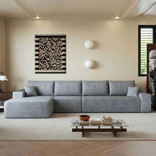 Sofá modular de canto de 340 cm - 4 lugares com chaise longue em L, assento profundo, sem montagem, sofá compacto moderno - Cinzento Sofá modular de canto de 340 cm - 4 lugares com chaise longue em L, assento profundo, sem montagem, sofá compacto moderno - Cinzento