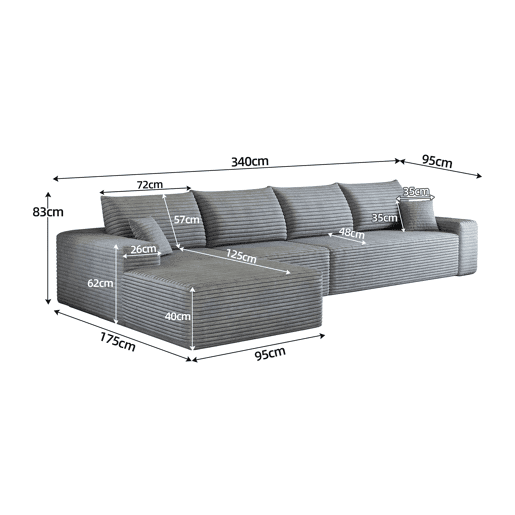 Sofá modular de canto de 340 cm - 4 lugares com chaise longue em L, assento profundo, sem montagem, sofá compacto moderno - Cinzento Sofá modular de canto de 340 cm - 4 lugares com chaise longue em L, assento profundo, sem montagem, sofá compacto moderno - Cinzento