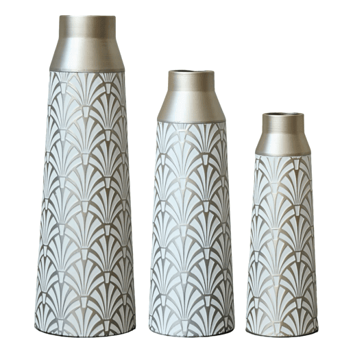 Vasos de chão metálicos 43,55161 cm - Conjunto de 3 peças com design em leque, estilo moderno e decorativo - Branco e prateado