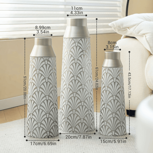 Vasos de chão metálicos 43,55161 cm - Conjunto de 3 peças com design em leque, estilo moderno e decorativo - Branco e prateado