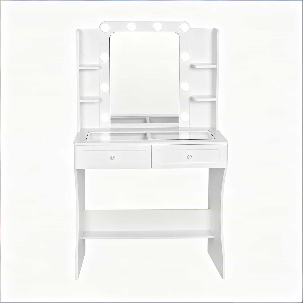 Tocador con mesa 80x40x135 cm - con encimera de vidrio transparente y diseño de almacenamiento abierto - blanco