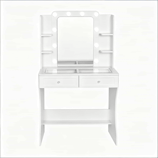 Mesa de maquilhagem com tabuleiro de 80 x 40 x 135 cm - Com tampo de vidro transparente e design de arrumação aberta - Branco Mesa de maquilhagem com tabuleiro de 80 x 40 x 135 cm - Com tampo de vidro transparente e design de arrumação aberta - Branco